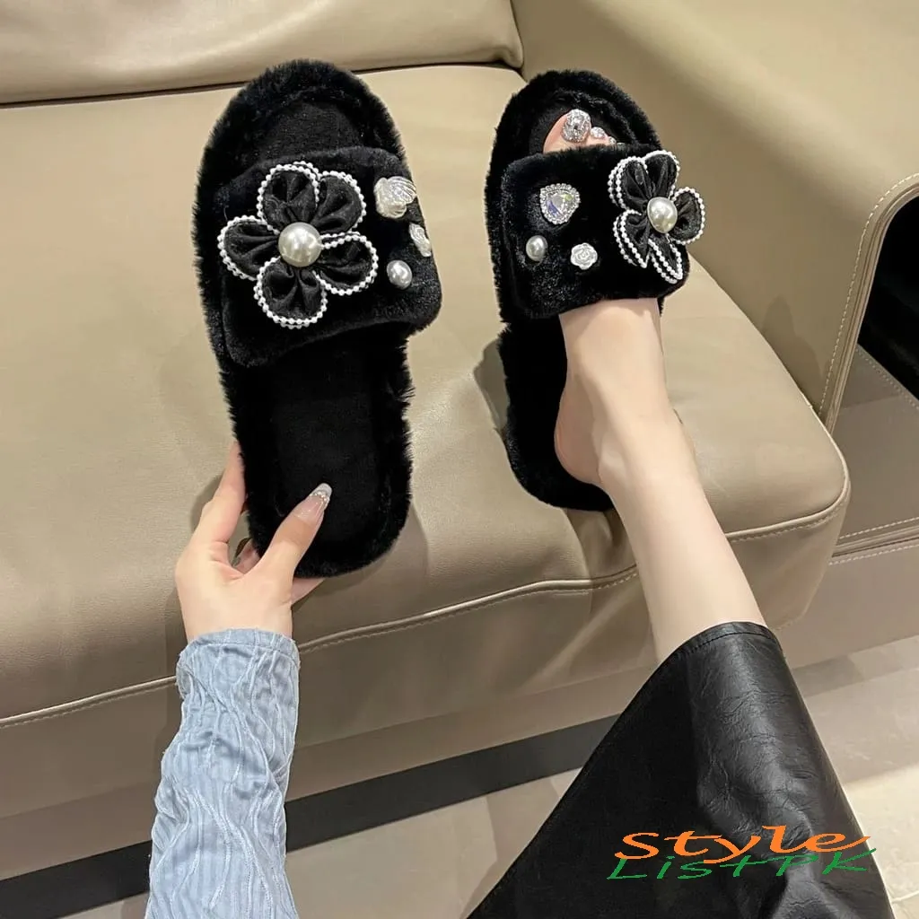 Floral Fur Slides