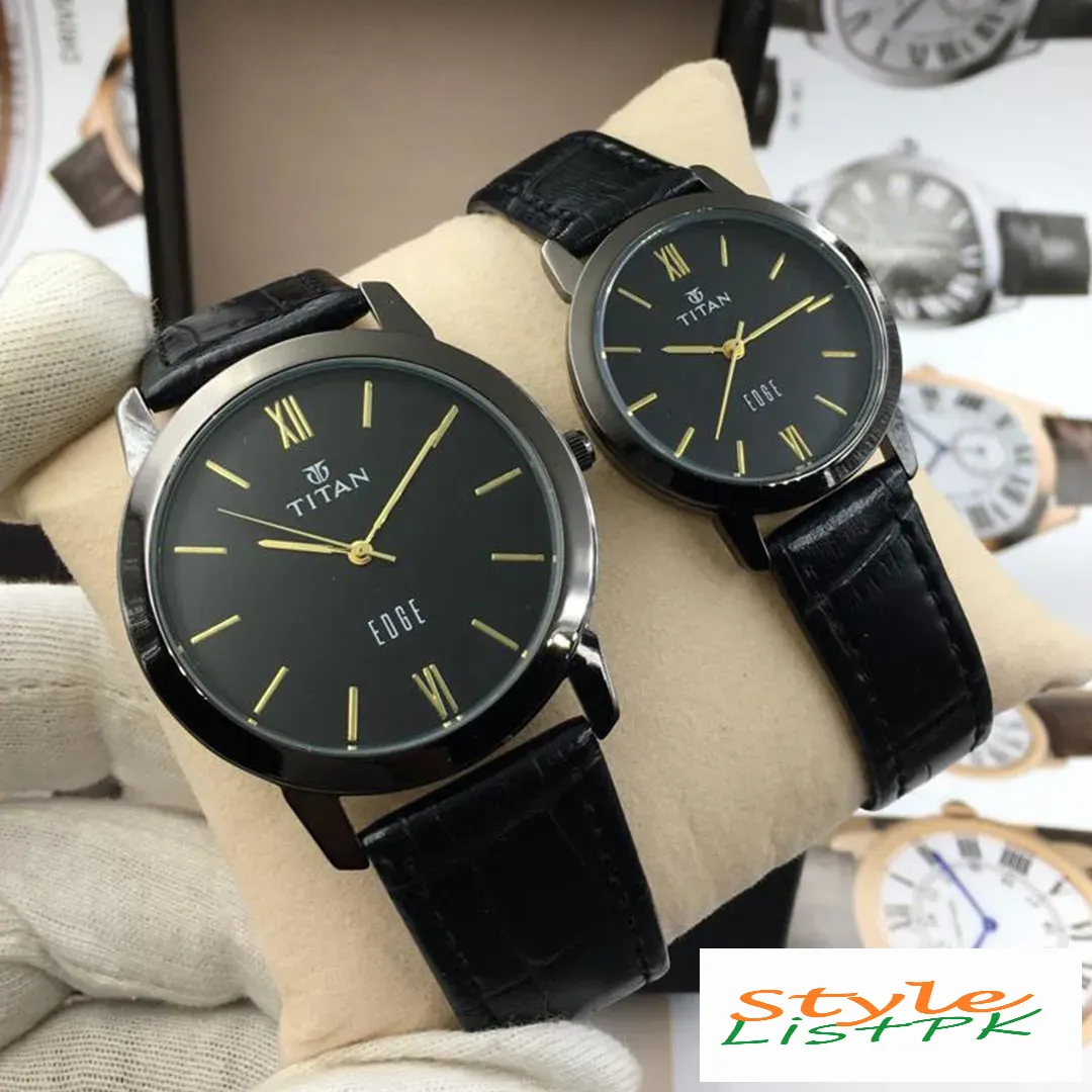 Titan Slim Black Strap Couple Watch Set