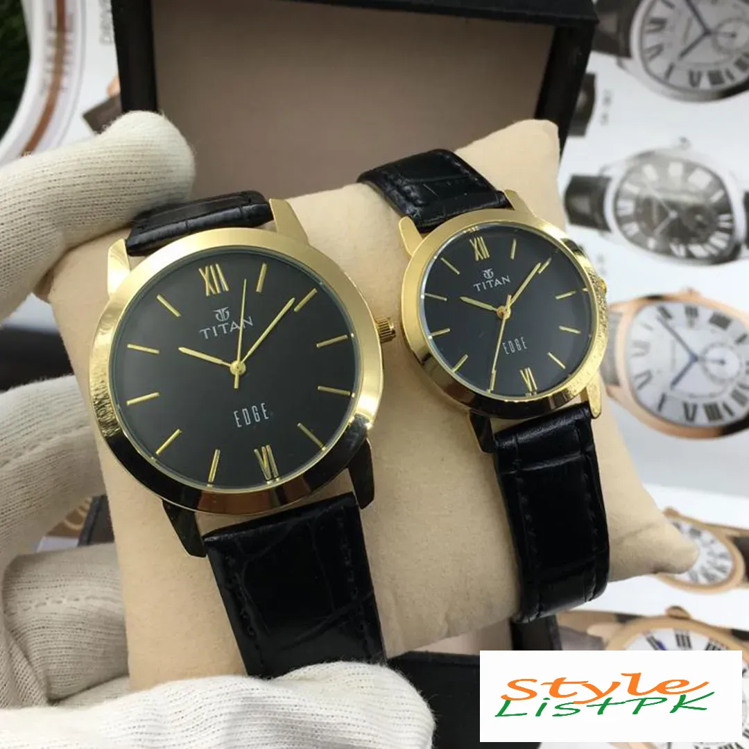 Titan Slim Black Strap Couple Watch Set