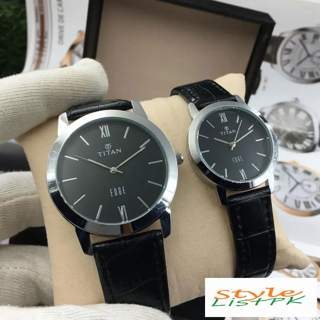 Titan Slim Black Strap Couple Watch Set
