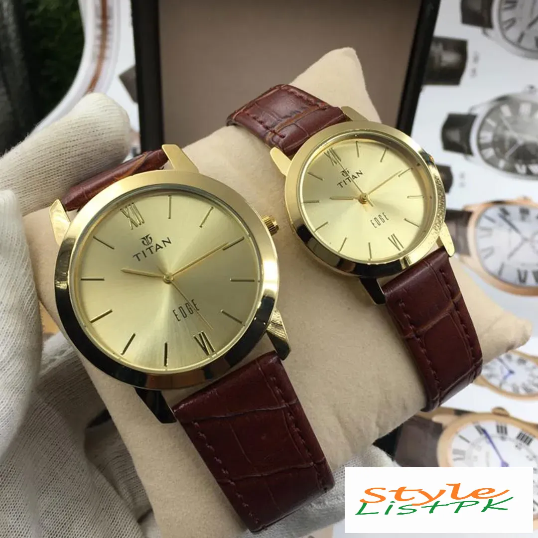 Titan Slim Brown Strap Couple Watch Set