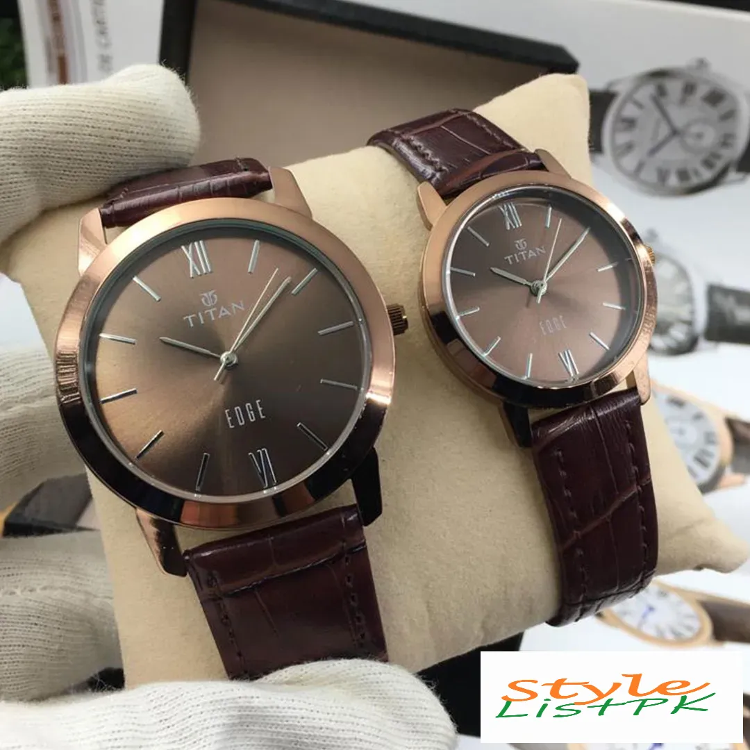 Titan Slim Brown Strap Couple Watch Set